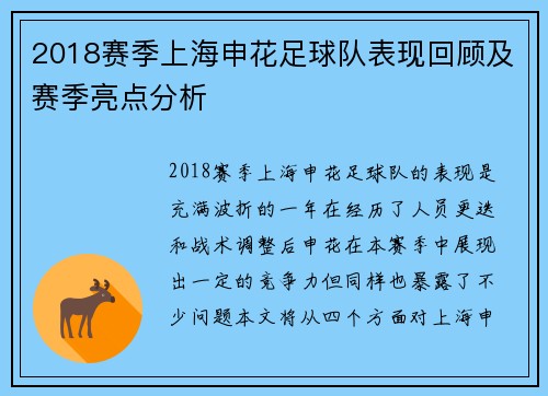 2018赛季上海申花足球队表现回顾及赛季亮点分析